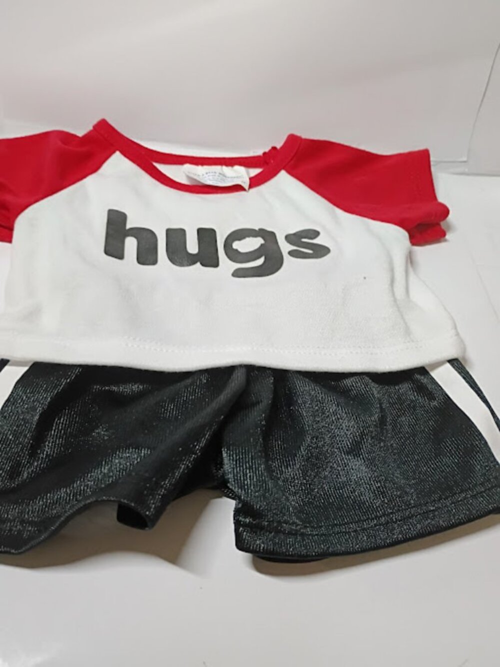 Build-A-Bear Workshop Red and White Sport T-Shirt with Hugs and Black Shorts 202